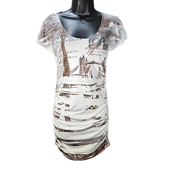 Twentyone Black Dresses & Skirts - TwentyOne Vintage Y2K Cinched Paris Graphic‎ Mini Dress Grey White L